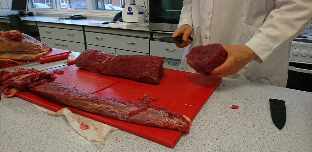 Picture of cutting samples from original joint of beef.