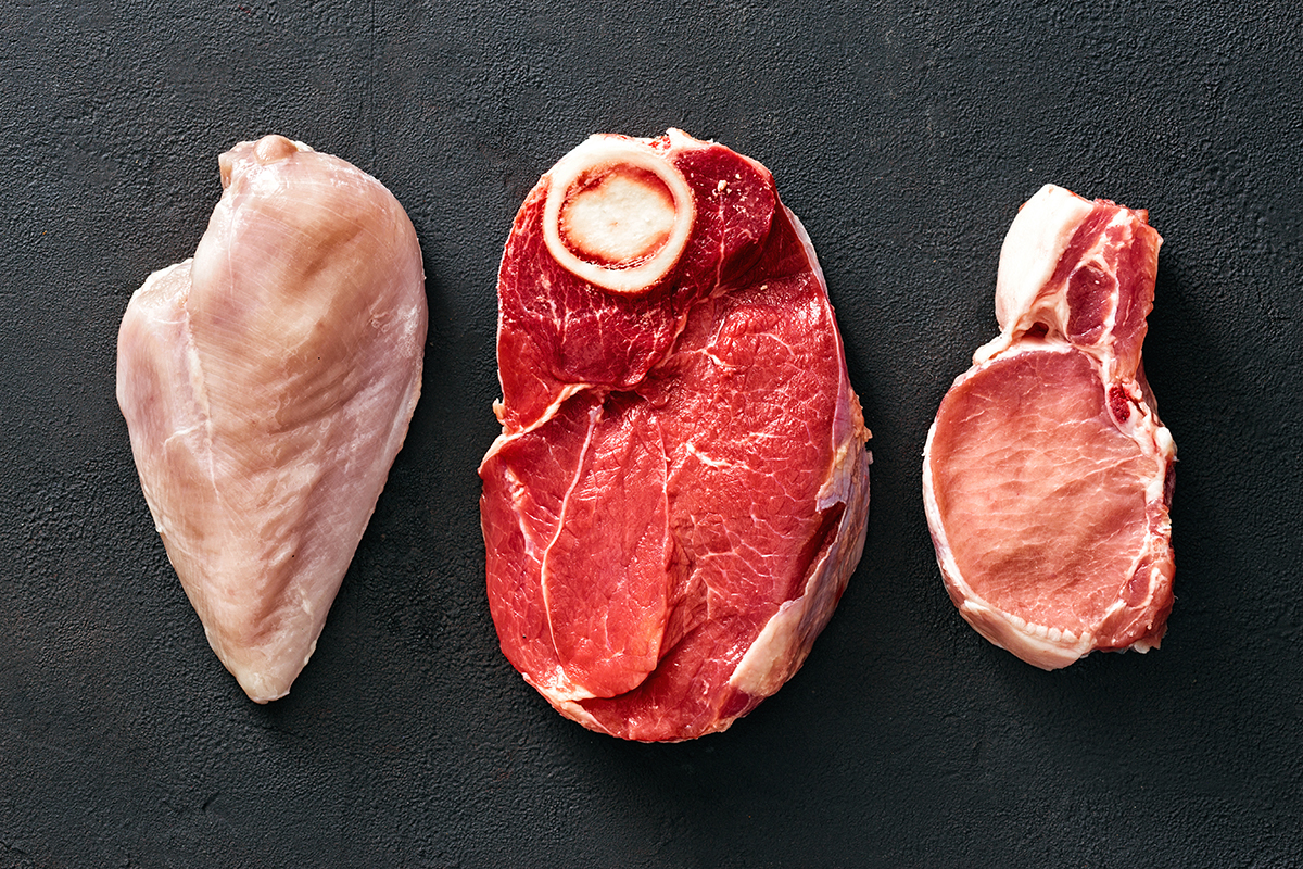 Ulike slag kjøtt: Kylling, storfe, svin
